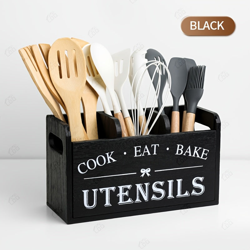 Wooden Kitchen Utensil Holder by LDQ, Rustic Countertop Organizer in Black or White with Two-Compartment Options for Forks, Spoons and Whisks