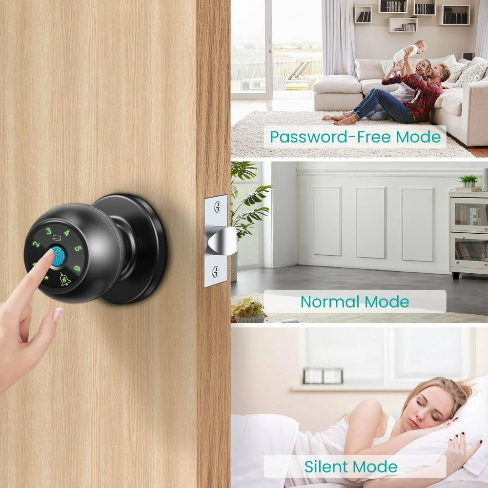 Five-Method Fingerprint Door Knob with App, IC Card, Password and Backup Key Access, Silent and Passage Modes, Anti-Peep Keypad and Type-C Emergency Power