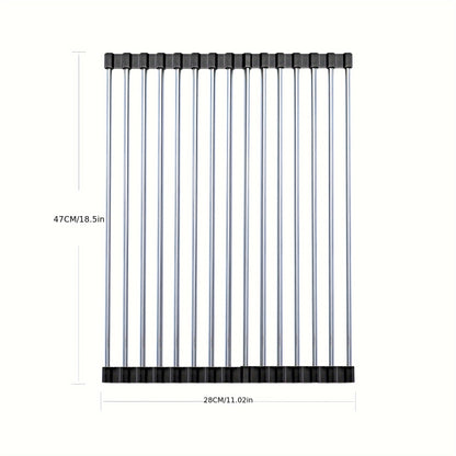 Roll-Up Dish Drying Rack, Stainless Steel Over-the-Sink Draining Mat in Black or Gray, Single-Piece Rollable Kitchen Rack for Tableware and Fruit