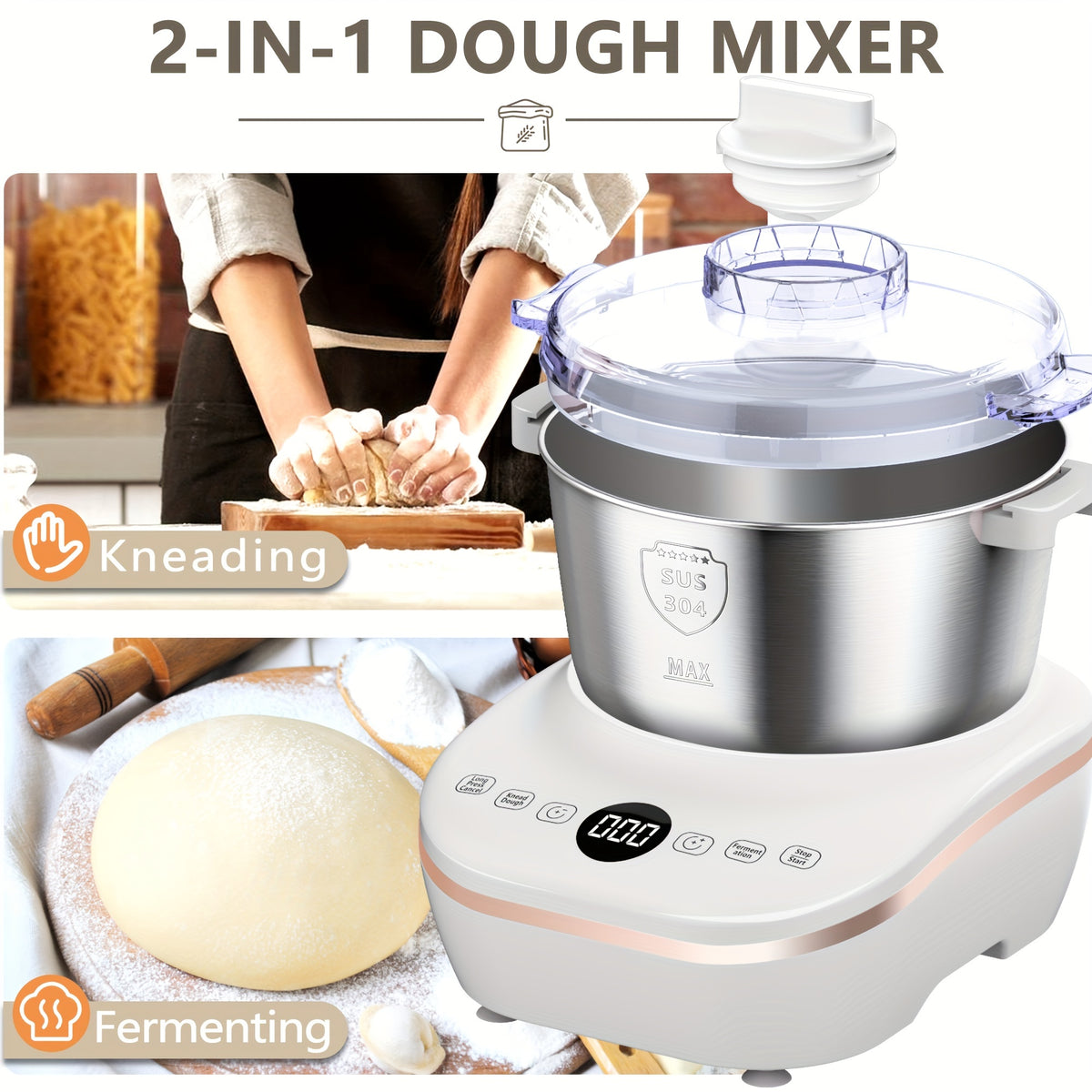 1.85gal(7.3QT)Electric Dough Mixer with Ferment Function, Bread Maker Machine, Dough Maker Machine with 304 Stainless Steel Bowl, Microcomputer Timing, Household Flour Kneading Machine for Pizza Bread, Christmas Gift
