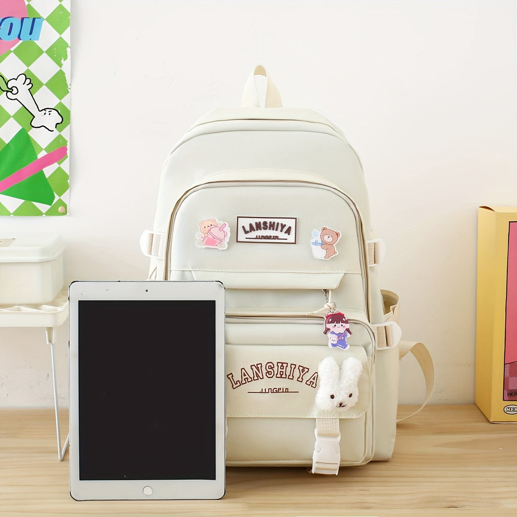 Solid-Color Canvas Backpack Set with Listed Five-Piece Format, Tote, Pencil Bag and Crossbody Wording, Four Pendant-Labeled Color Options for Student Daily Carry
