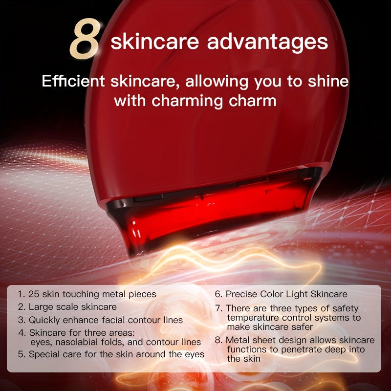 Burgundy Handheld Facial Care Device with Three Listed Skincare Modes, USB Rechargeable Power, Ergonomic Design and Color Light Features for Home Beauty Routines