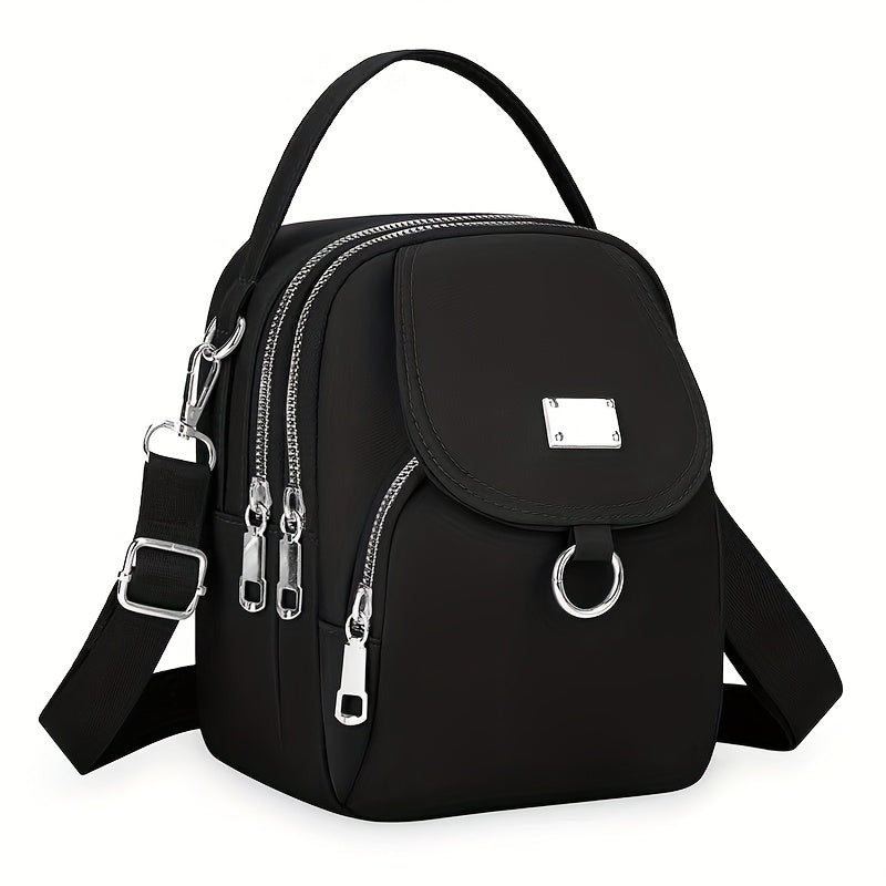 Mini Crossbody Bag for Women in Nylon with Multiple Zipper Compartments, Front Pocket and Detachable Adjustable Strap, Four Colors for Casual Outings