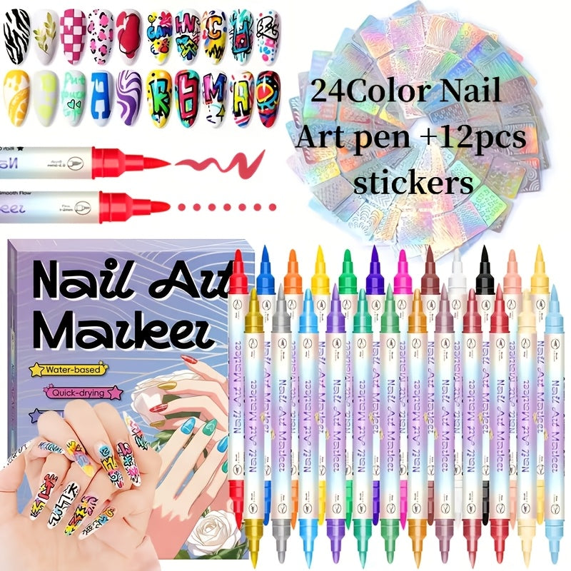 Dual-Tip Nail Art Markers 24-Piece Set, 12 Metallic and 12 Dopamine Color Acrylic Paint Pens for Graffiti-Inspired DIY Manicure Designs at Home or Salon