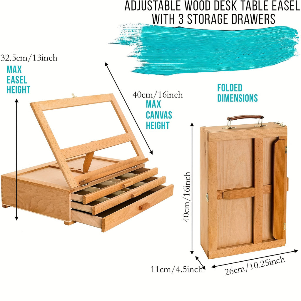 Three-Drawer Easel Storage Box in Beechwood, Adjustable Desktop Artist Organizer and Book Stand for Painting Supplies, Reading and Home Art Spaces