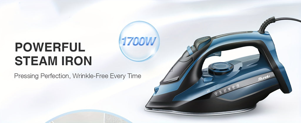 Steam Iron for Clothes 1700W in Blue with Ceramic-Coated Soleplate, Adjustable Thermostat, Self-Cleaning and Automatic Shut-Off for Home Garment Care