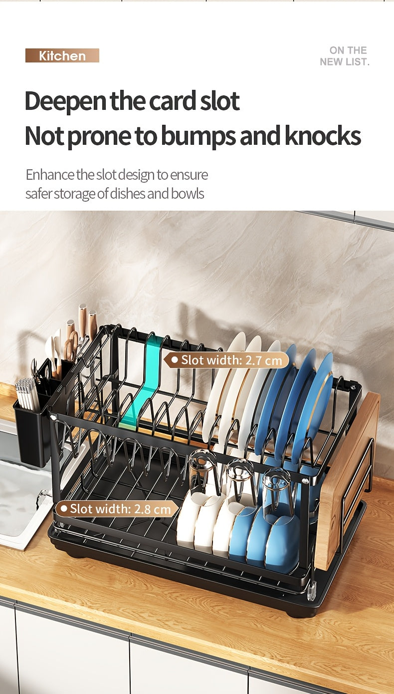 Metal Countertop Dish Rack for Kitchen Tableware Organization, Two-Tier Painted Rack Design with Utensil Holder Reference and Black, Dark Grey or Base Options