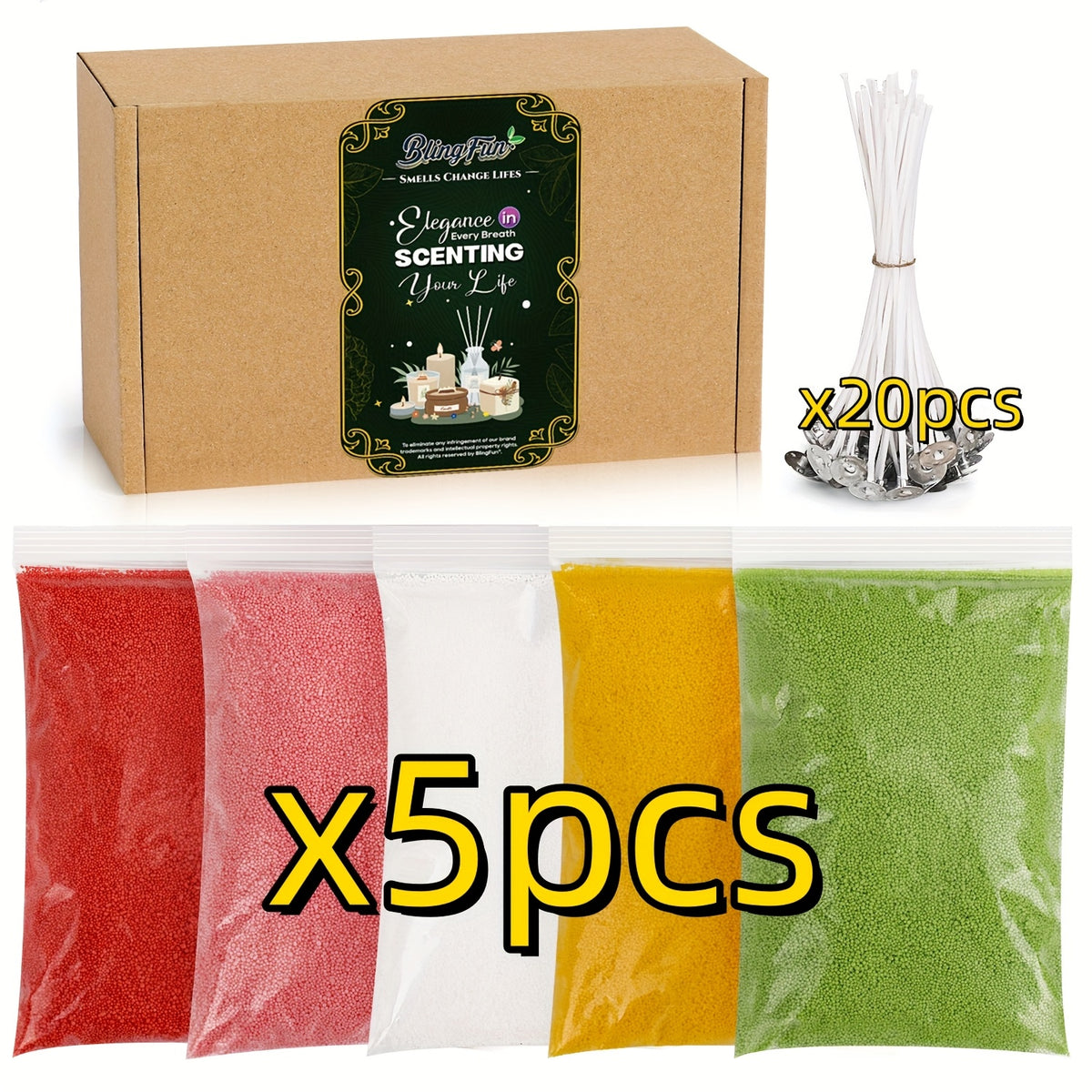 Sand Wax Candle Making Kit by BlingFun with Five Colors, 500g Total Granulated Wax and 20 Wicks for Adult Decorative Candle Crafts, Bright Color or Dark Options