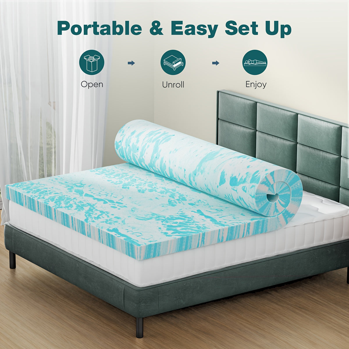 Gel Memory Foam Mattress Topper in Blue with 2-Inch or 3-Inch Thickness Options, Soft Bedding Layer for Compatible Beds, Sleeper Sofas and RV Mattresses