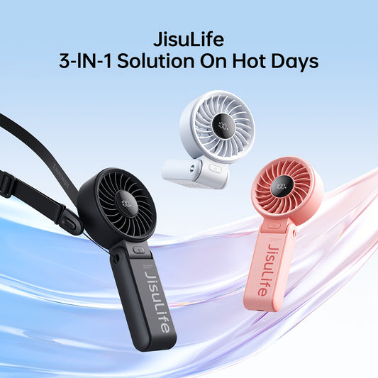 Foldable Handheld Fan JISULIFE Life7 with USB Rechargeable Battery, LED Display and Five Speeds for Desktop, Travel and Festival Use in Grey, Pink or Black