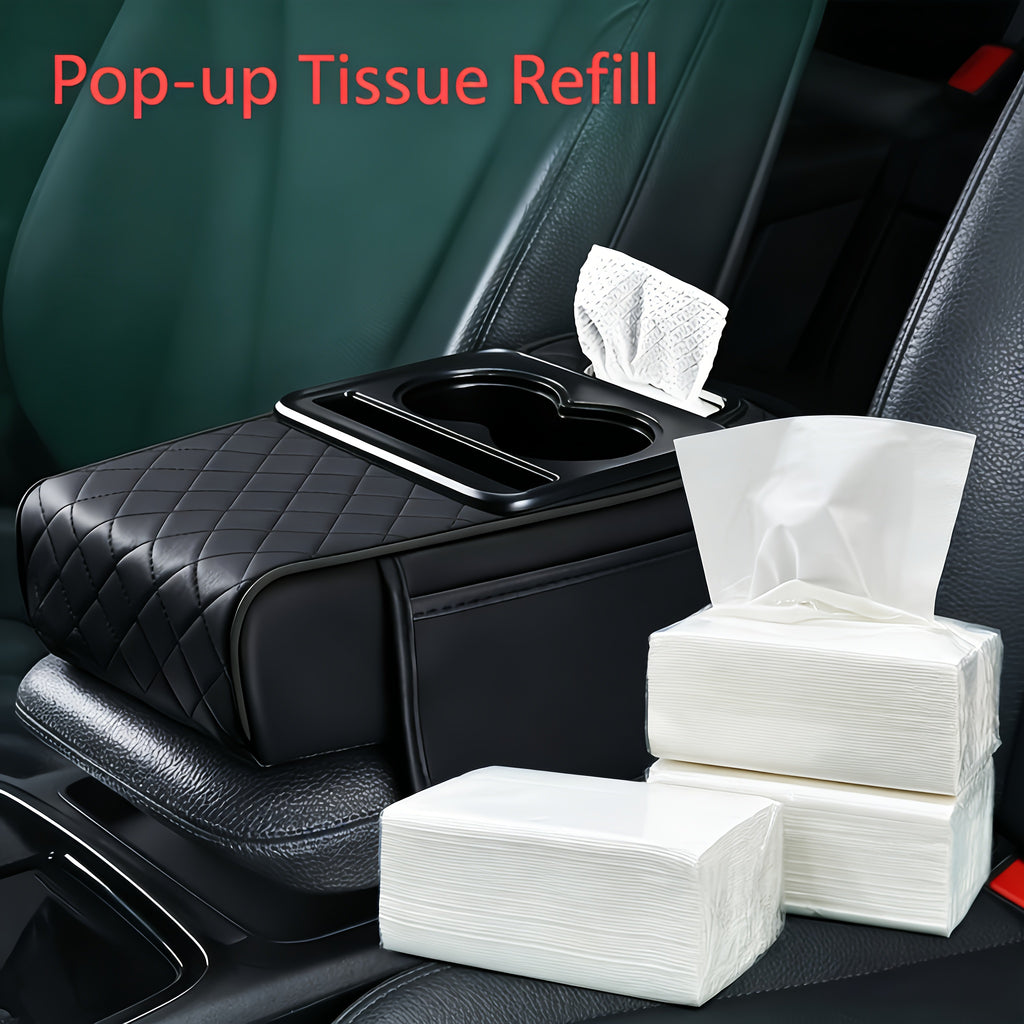 Car Armrest Storage Cover in PU Leather with Two Side Pockets and Two Cup Holders, Center Console Organizer with Tissue Bundle and Refill Options