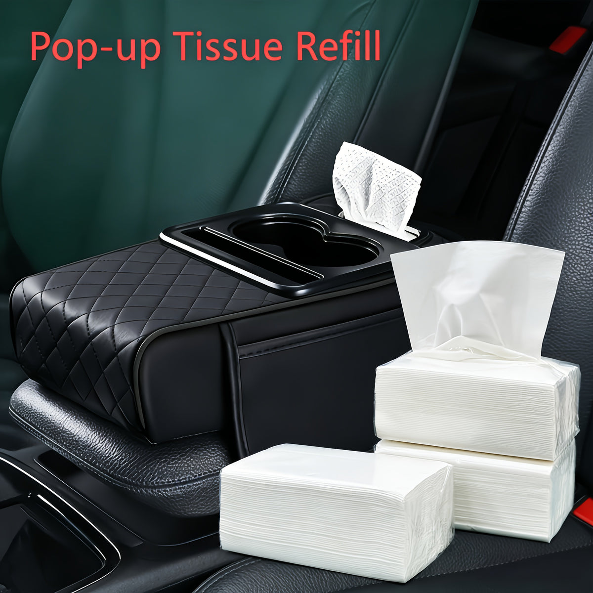 Car Armrest Storage Cover in PU Leather with Two Side Pockets and Two Cup Holders, Center Console Organizer with Tissue Bundle and Refill Options