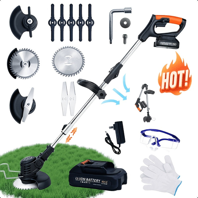 Electric Grass Trimmer Kit with Listed 21V Battery Power, Black or Green Cordless Garden Tool Options with Charging Accessories and Three or Four Blade Configurations
