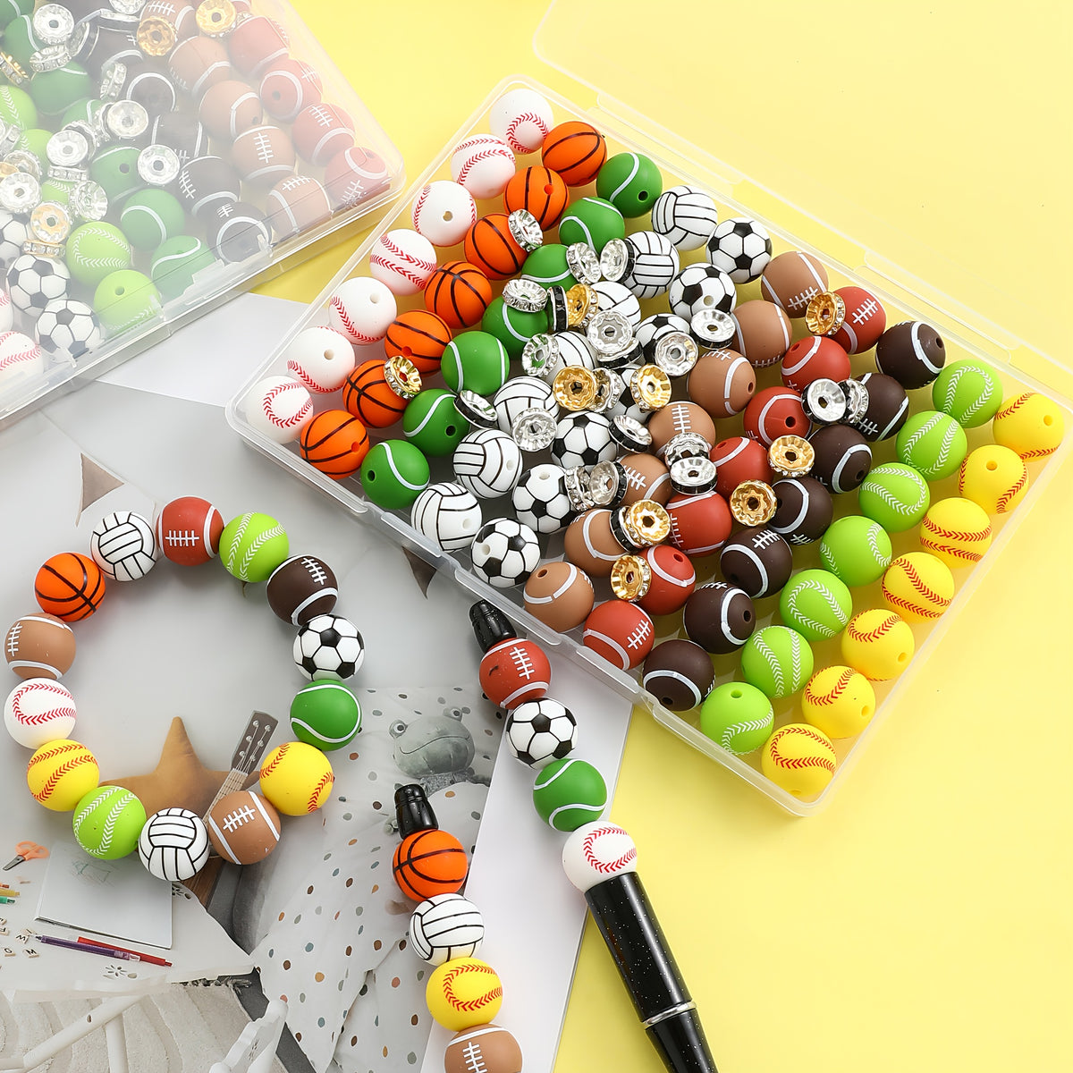 Sports Ball Silicone Bead Set by Foyotri, Listed 103 Pieces with 15mm Round Straight-Hole Beads in Mixed Colors for DIY Bracelets, Jewelry and Decorative Crafts