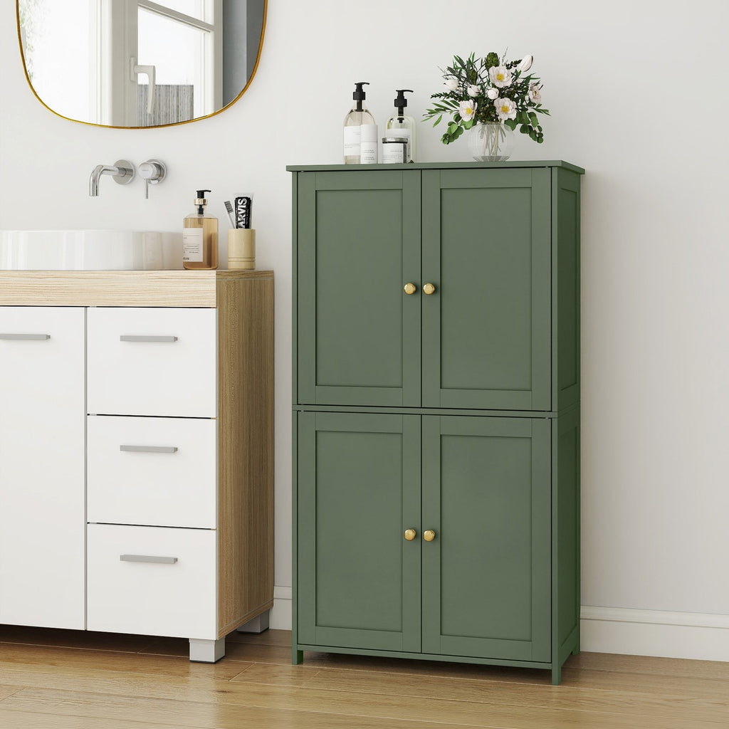 Shaker Style Floor Storage Cabinet with Four Doors, Two Cupboards and Two Adjustable Shelves, Green, White or Blue Freestanding Organizer for Home Essentials