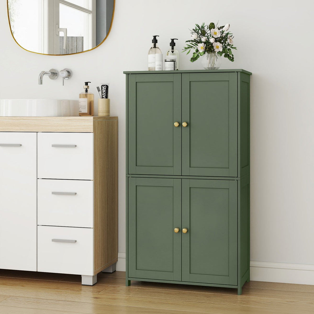 Shaker Style Floor Storage Cabinet with Four Doors, Two Cupboards and Two Adjustable Shelves, Green, White or Blue Freestanding Organizer for Home Essentials