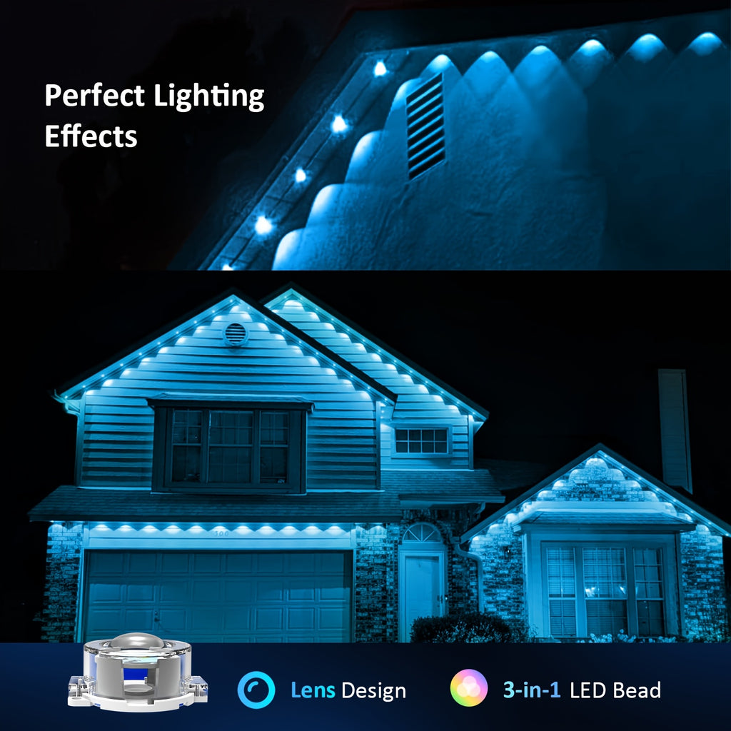 RGB Multicolor Eaves Lights with App and Remote Control, Music Sync, Timer and Dimming, 49ft, 100ft or 200ft for Outdoor Holiday House Decor