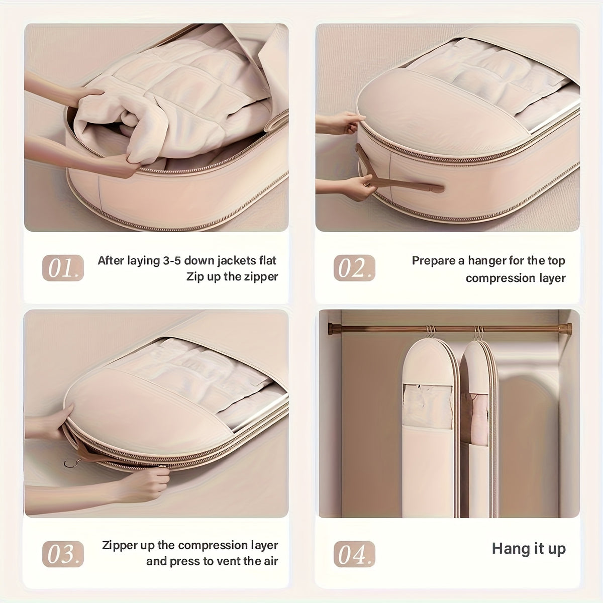 Hanging Compression Garment Storage Bags with Listed See-Through Design and Zipper, Small, Medium or Large Labels in Beige or Pink for Winter Wardrobe Organization