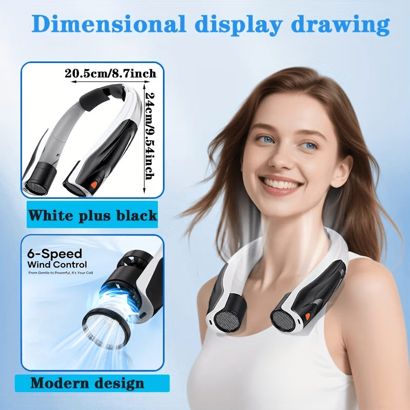 Six-Speed Wearable Neck Fan with USB-C Rechargeable Design and Flexible Silicone Neckband, Black+White Personal Airflow Fan for Commuting, Office and Summer Travel
