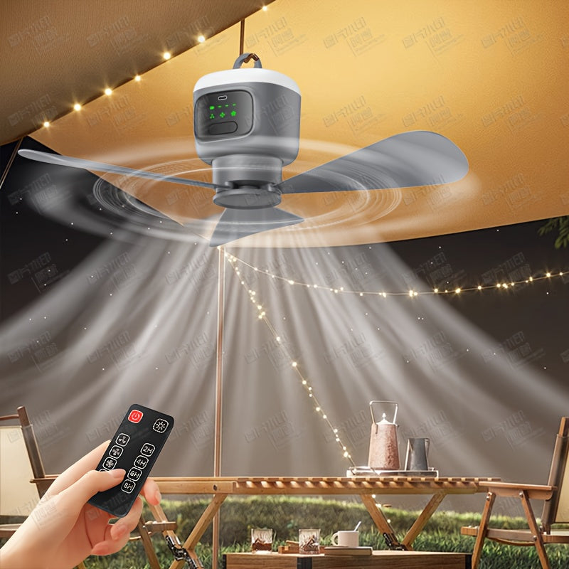 Grey Camping Ceiling Fan with Four Speeds, Lighting and Remote Control, Listed 12000mAh Battery, 8-Hour Timer and Up to 30-Hour Runtime for Campsite Airflow