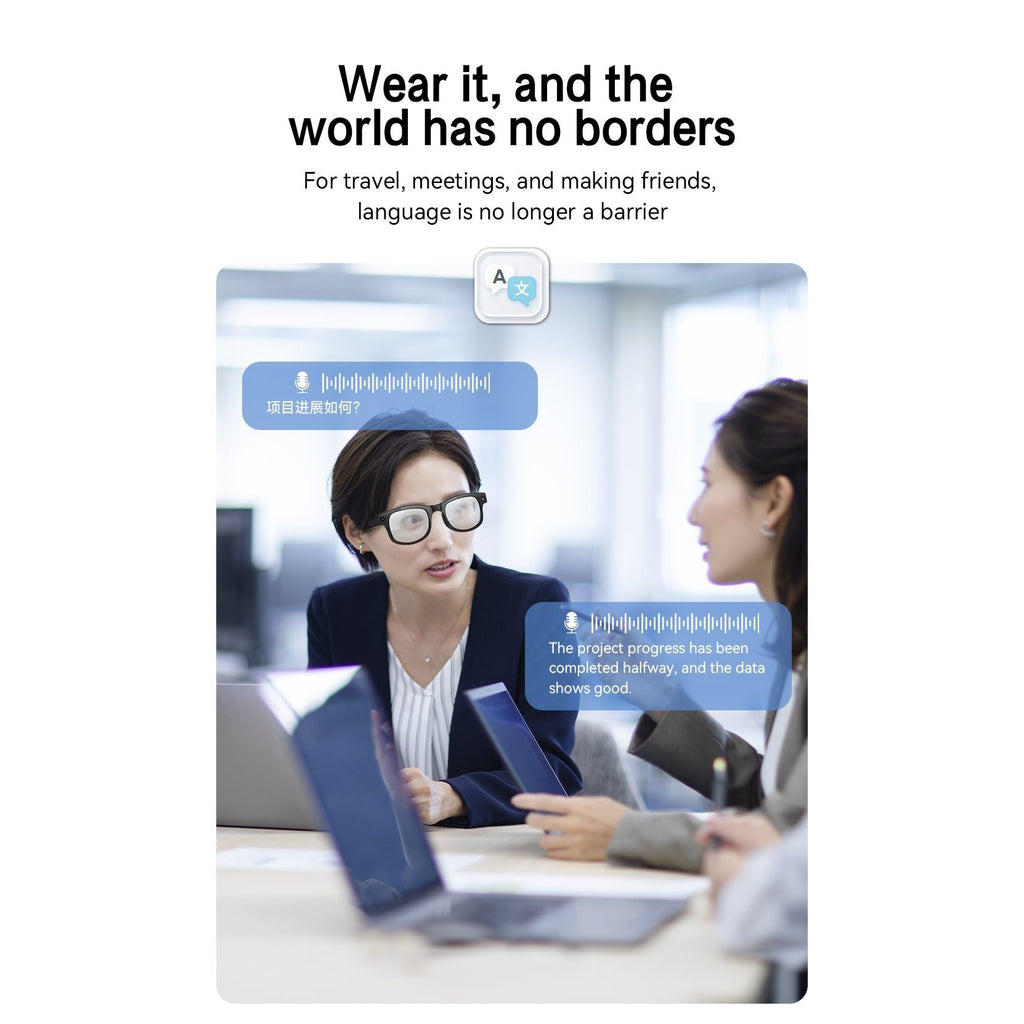 8MP-Labeled AI Camera Smart Glasses in Black with Video and Audio Recording, Bluetooth Calls and Music, Touch Controls and Listed Translation Features