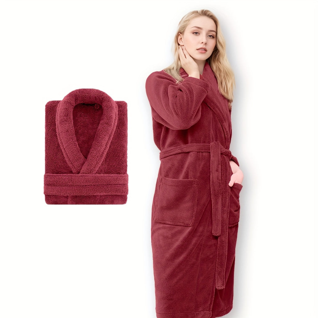 Coral Fleece Bathrobe for Men and Women with Shawl Collar, Adult Home Lounge Robe in S, M, L or XL Size Labels and Four A–D Color Selections