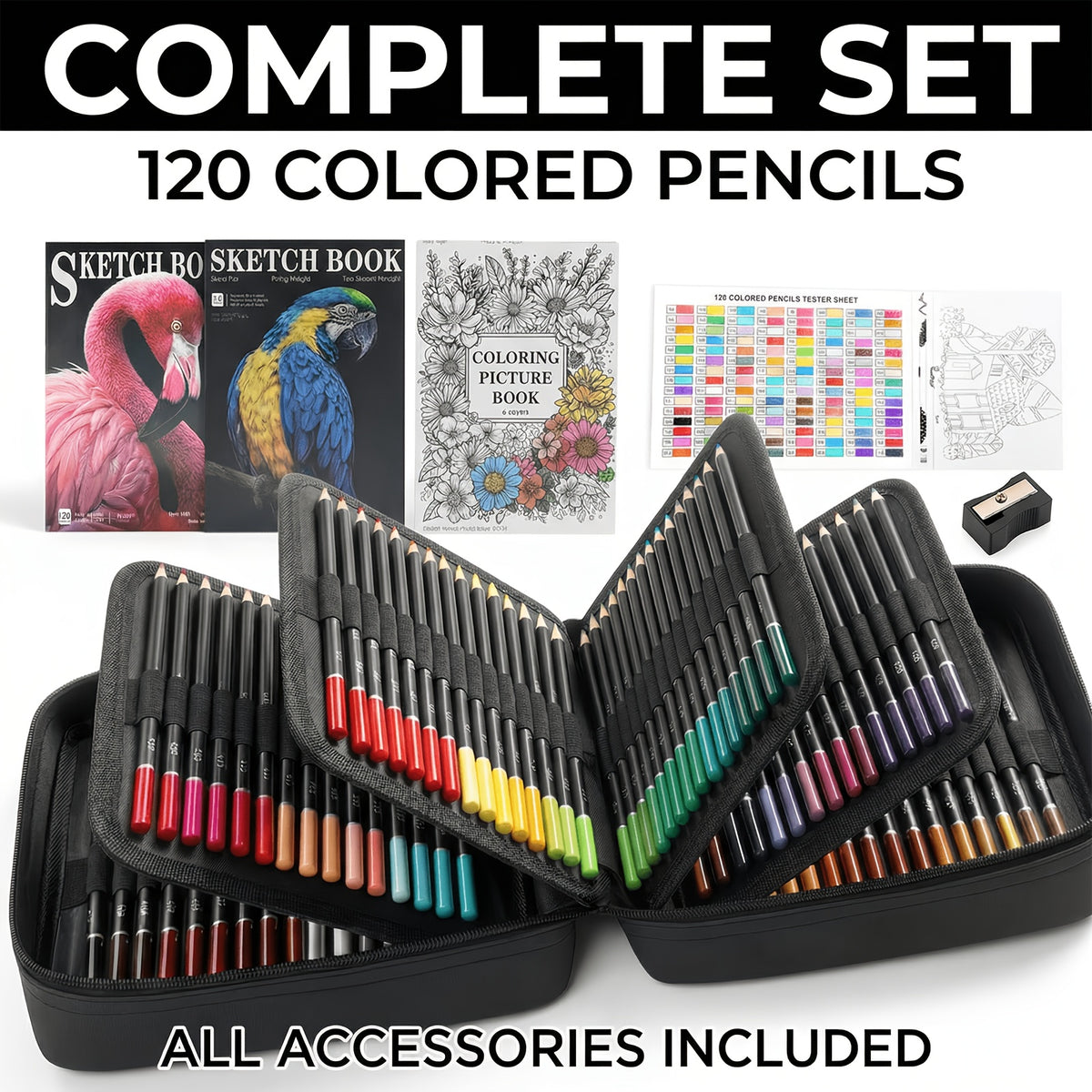 120 Color Colored Pencil Set with Listed Sketchbook for Adult Coloring Books, Drawing, Sketching, Blending and Shading Practice at Home or in Art Classes