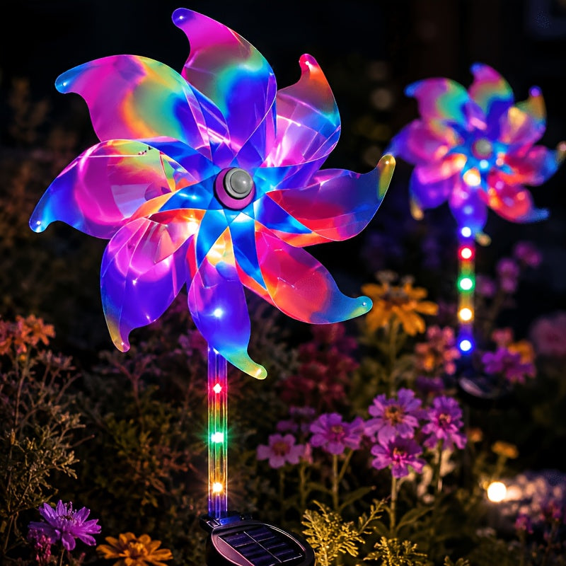 Solar Windmill Garden Lights 2-Pack with Color-Changing and 360-Degree Rotating Design, Colorful Purple or Blue Style Options for Patio and Path Displays