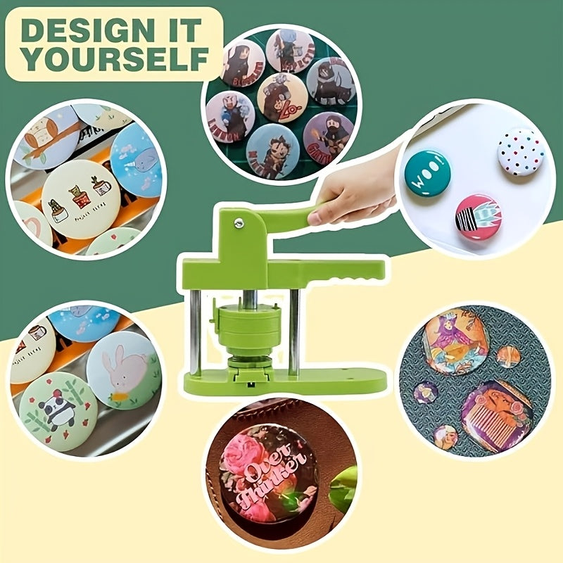 Green Button Maker Press with Listed 58mm Badge Size, Installation-Free Design, 100pcs Button Parts, Pictures, Circle Cutter and Magic Book for DIY Pin Projects