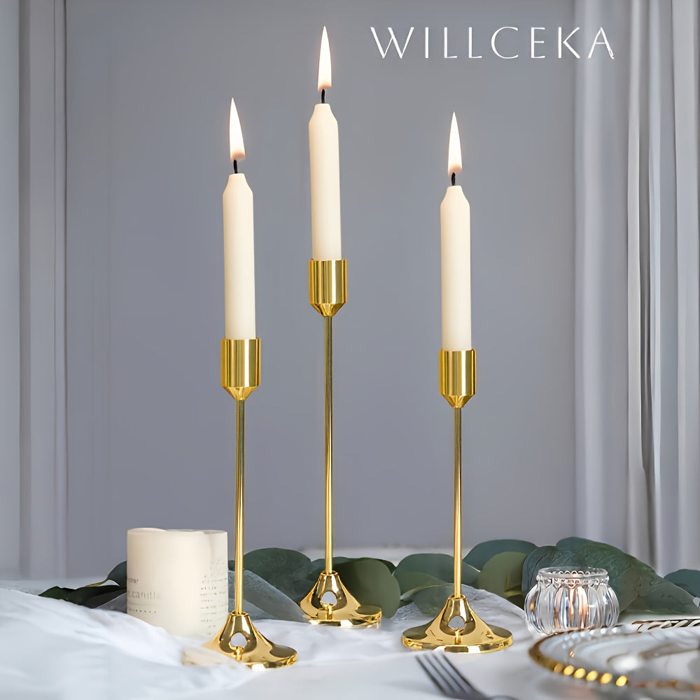 Metal Candle Holders Three-Piece Set for Wedding Centerpieces, Anniversary Dinner Tables and Seasonal Decor with Golden-Tone, French Golden, Silvery or Black Labels