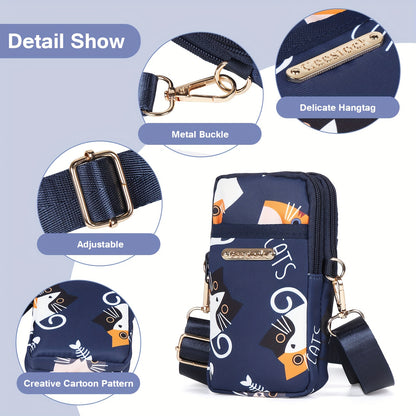 Adjustable Strap Crossbody Bag with Zipper Pockets, Blue Cat, Dark Blue, Pink or Blue Options for Everyday Essentials, Casual Errands and Travel Organization