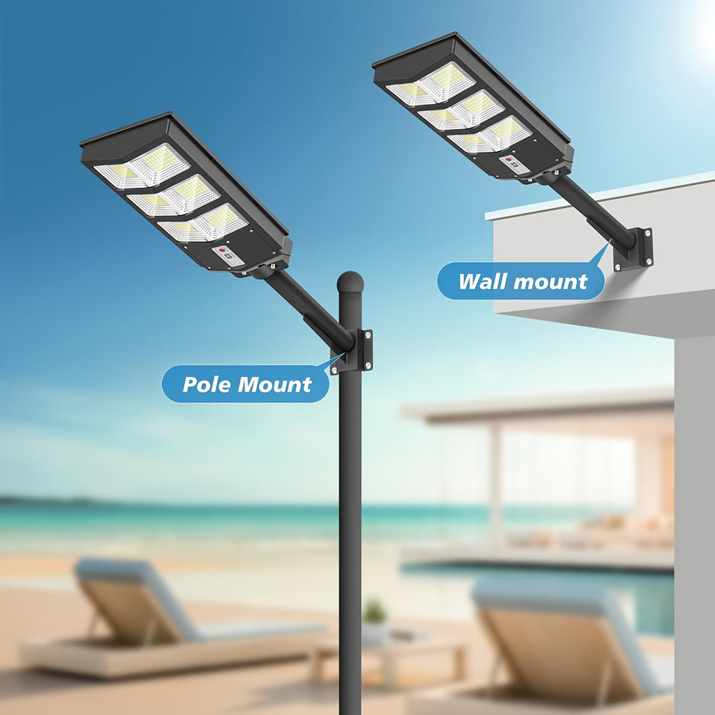 Solar Street Light with Motion Sensor and Remote Control, Matte Black Single-Pack 270, 360 or 800 LED Options with 6500K and Three Lighting Mode References