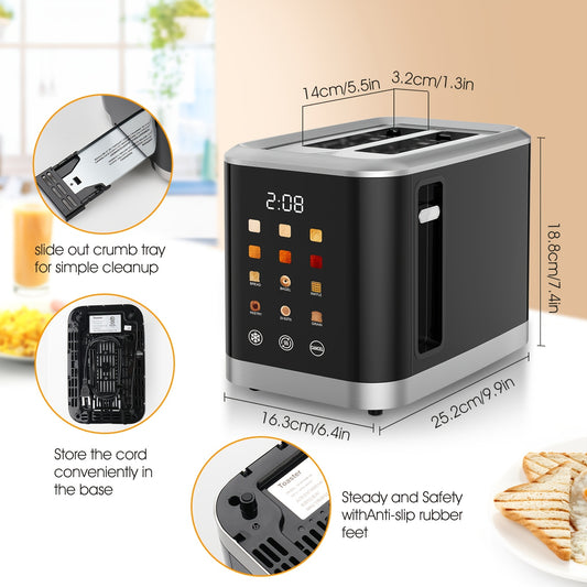 Black Touchscreen Two-Slice Toaster with Listed 1.5-Inch Wide Slots, Cancel and Defrost Functions for Compatible Bread and Bagels, Adjustable Toast Setting Wording