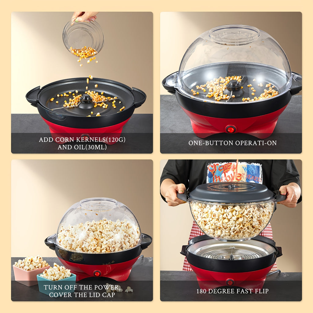 Electric Stirring Popcorn Maker with Listed 800W Power and 6-Quart Capacity, Removable Nonstick Plate and Serving Bowl Lid in Red or Black for Home Movie Nights