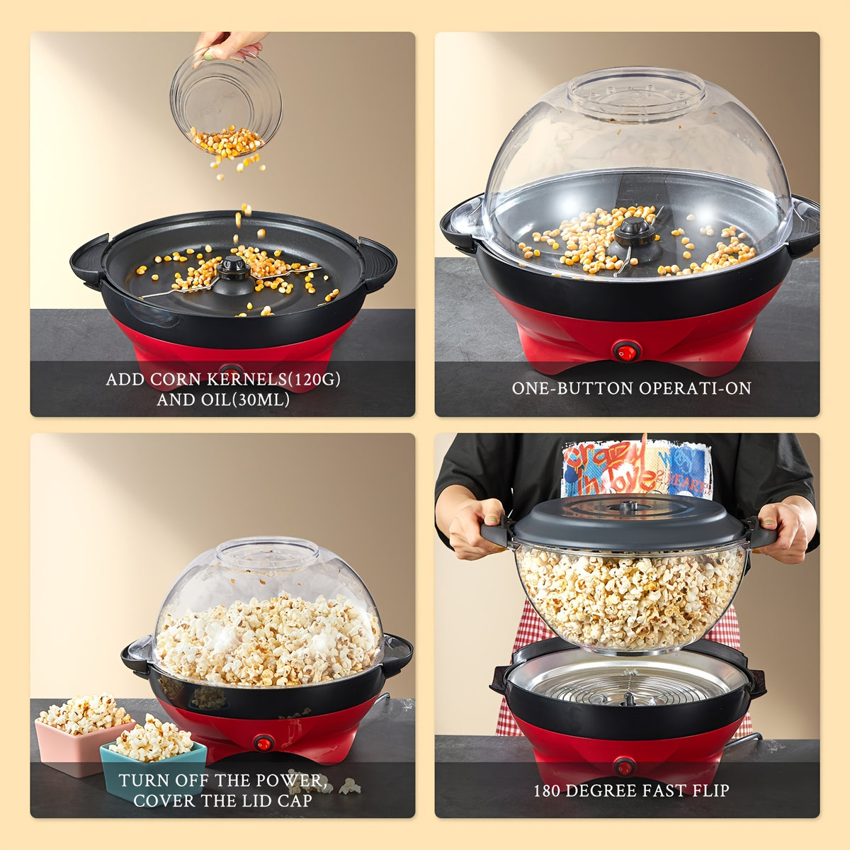 Electric Stirring Popcorn Maker with Listed 800W Power and 6-Quart Capacity, Removable Nonstick Plate and Serving Bowl Lid in Red or Black for Home Movie Nights