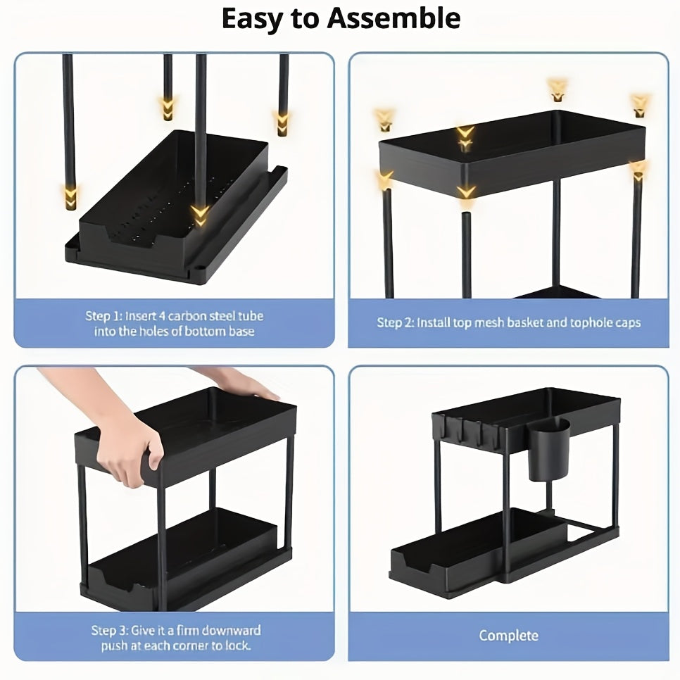 Hook and Bucket Under Sink Organizer, Two-Tier Sliding Cabinet Storage Rack with Listed Five Hooks and One Bucket, Single or Double Options for Kitchen and Bathroom