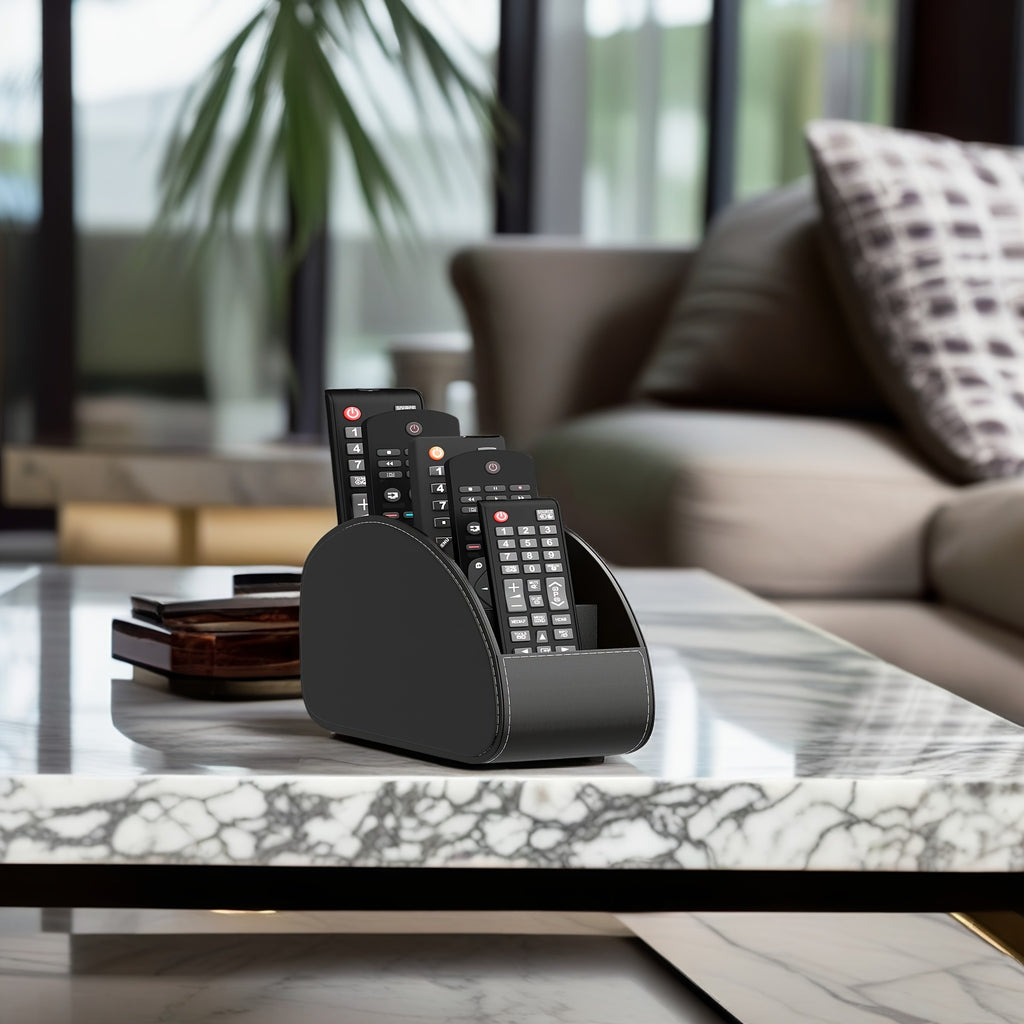 Desktop Remote Caddy with Five Compartments, Single PU-Labeled Organizer with Cardboard Frame for Compatible TV Remotes, Pens and Glasses on Bedside Tables