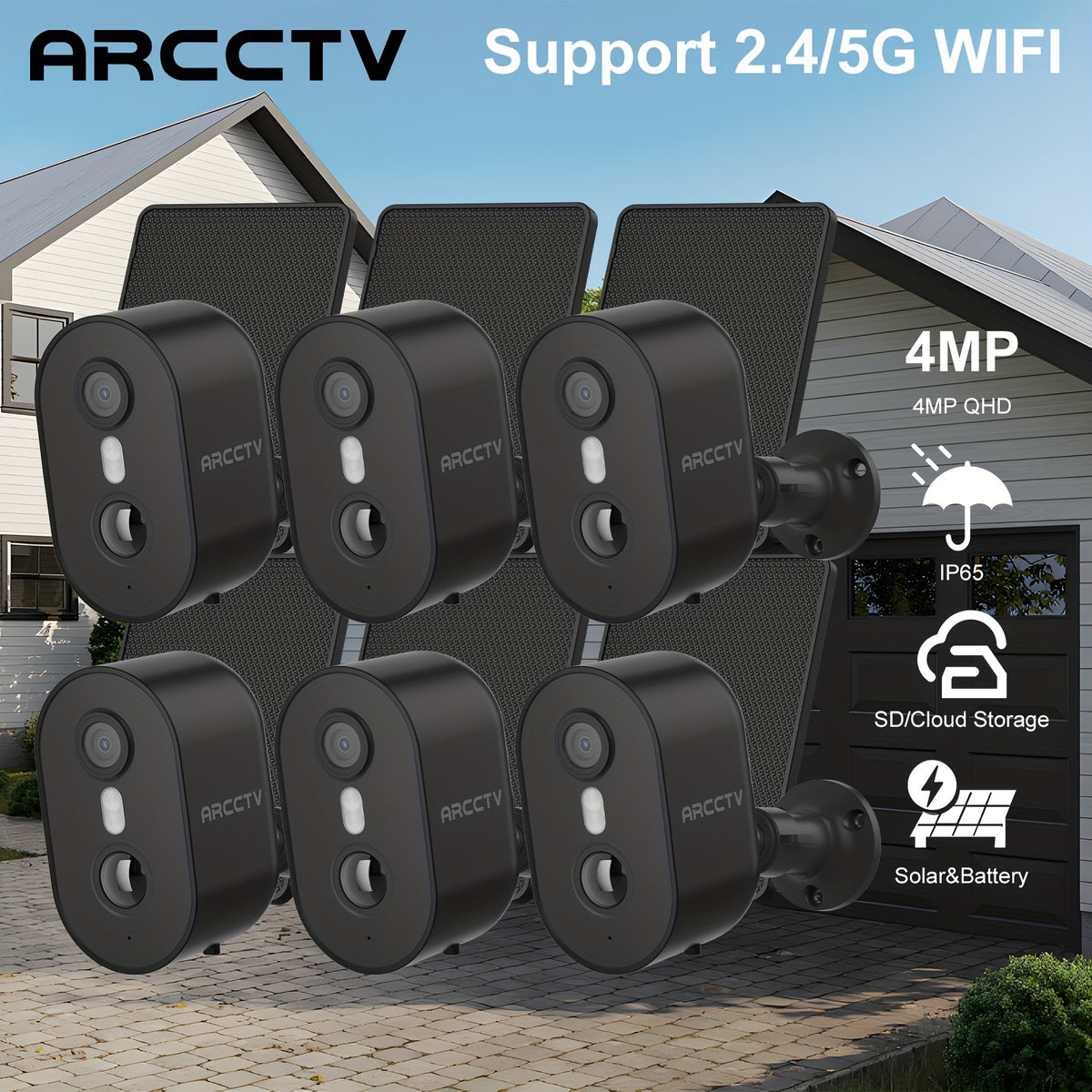 Removable Solar Panel Security Camera, 4MP Outdoor Monitor with Dual-Band WiFi, PIR Alerts, Color Night Vision and Two-Way Audio, 1/2/4/6-Pack Options