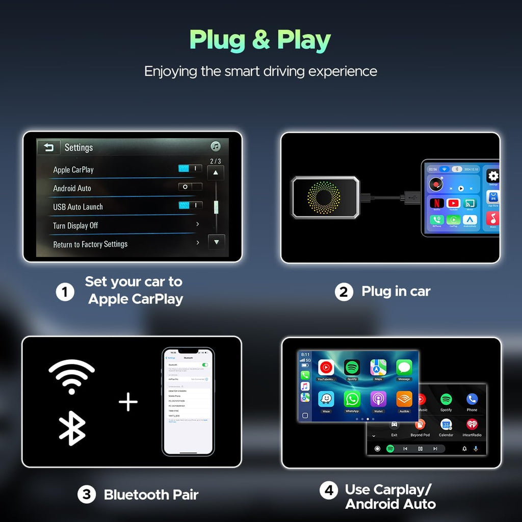 CarPlay Media Box in Black with Listed Wireless CarPlay Adapter, USB Port and Streaming Support for Compatible Factory Wired CarPlay and Android Auto Systems