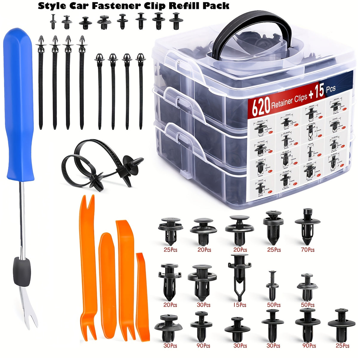 Bumper Retainer Clips and Plastic Push Rivet Fasteners for Compatible Car Applications, Seven Quantity Options with Removal Tool References