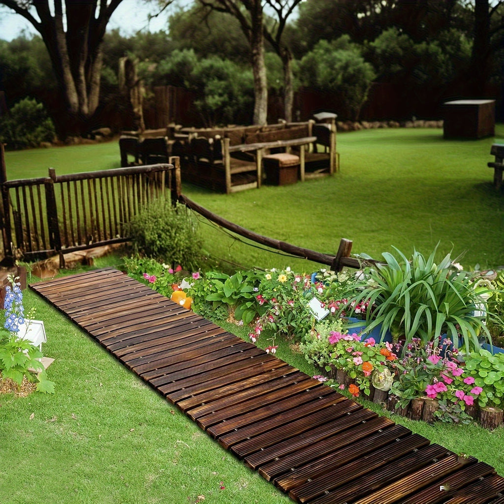 Roll-Out Wooden Garden Walkway by PIYPIY, Brown Cedar Slat Pathway with Textured Surface and Rubber Cord Connections for Backyard and Outdoor Decor