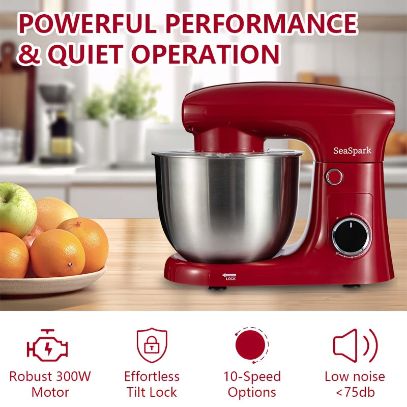 Tilt-Head Stand Mixer with 10 Speeds and Pulse Button, Stainless Steel Bowl, Dough Hook and Egg Mixer, 5L-Labeled Red, Silvery or Black Options for Home Baking