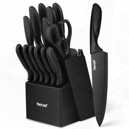 Nonstick Kitchen Knife Set with Stainless Steel Blades, Listed 15-Piece Collection with Wooden Block, Scissors and Lightweight Handles for Home Meal Prep
