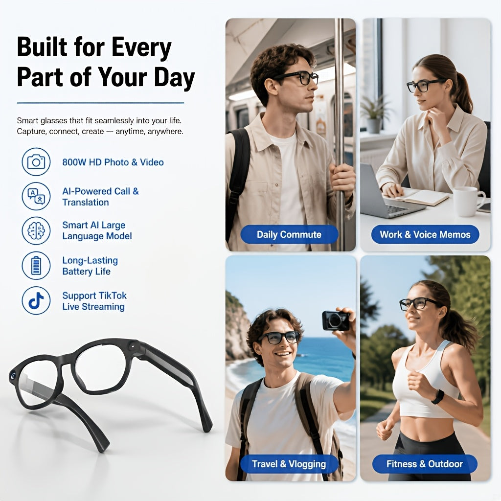 Black Smart Camera Glasses with Listed 8MP Photos, 1080P Video, Photochromic Lenses, Dual Speakers and 260mAh Type-C Charging for Travel and Office Use