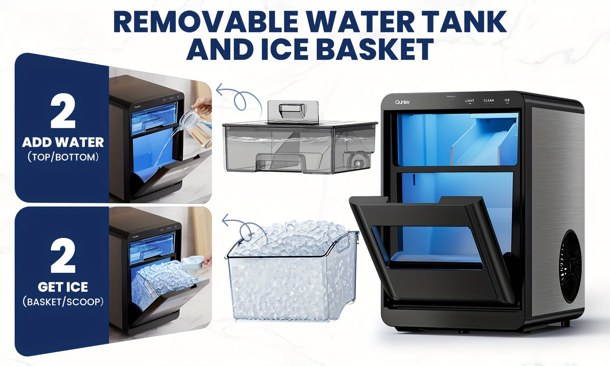 Chewable Pellet Ice Maker by Qunler, Self-Cleaning Countertop Nugget Ice Machine with 35LBS, 44LBS or 35LBS Mini Options for Coffee and Home Bar Drinks