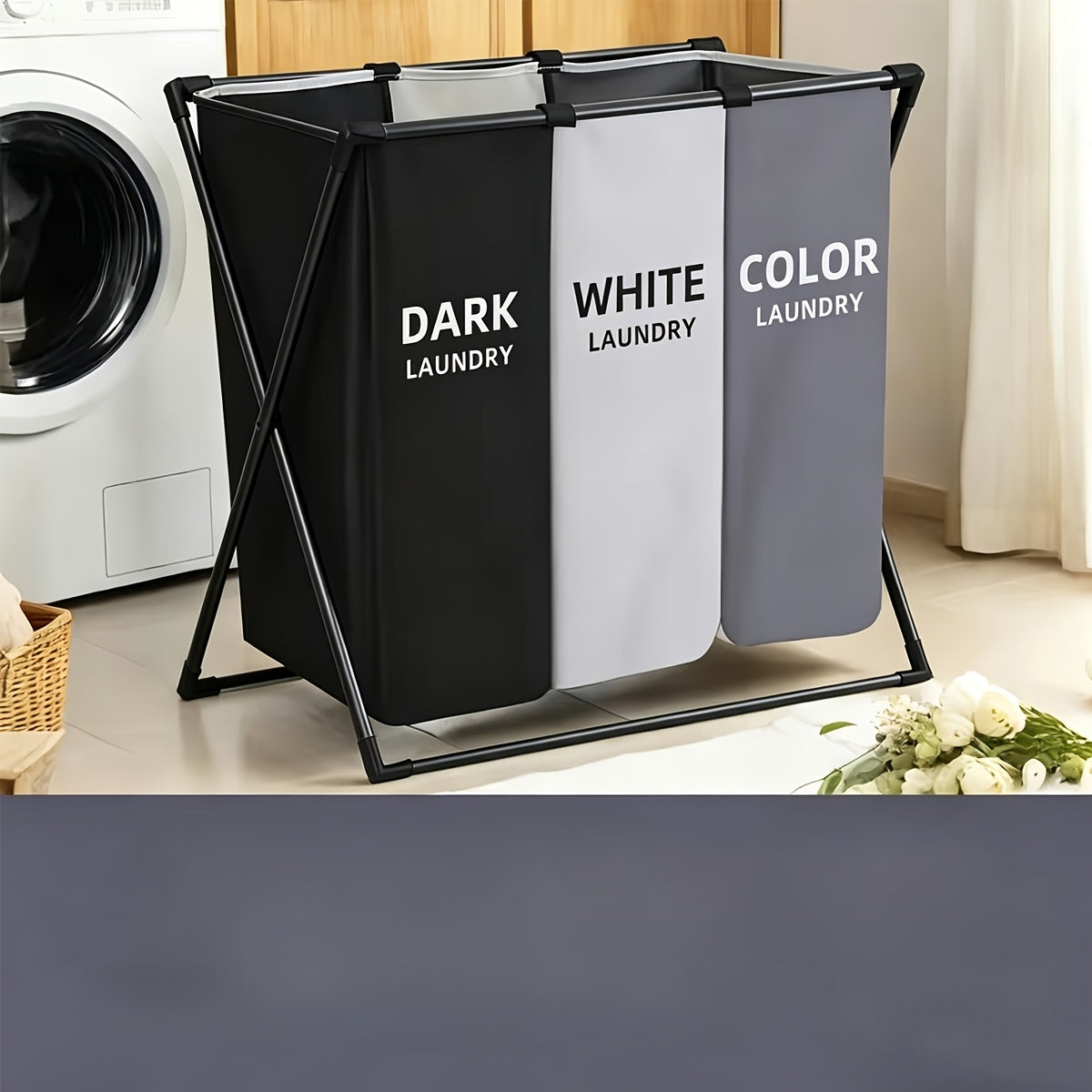 Three-Section Foldable Laundry Hamper Sorter with Listed Oxford Bags and Handles, Rectangular 3 BAG Option for Bedroom, Bathroom and College Dorm Organization