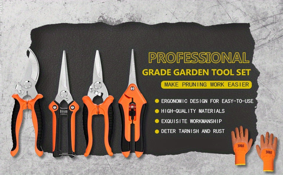 Garden Pruning Shears Set with Listed Stainless Steel Blades and Storage Bag, Five-Piece Tool Wording in Multicolor or Orange and Black for Plant Maintenance