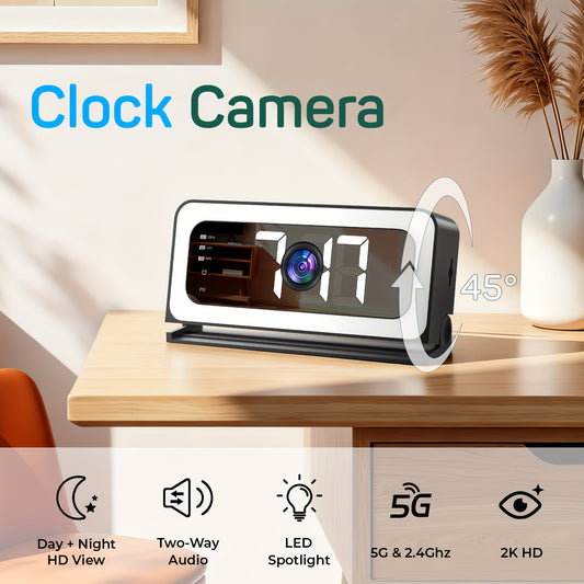 Alarm Clock Security Camera in Ivory White, Single Indoor Monitor with Listed 2K Video, Dual-Band WiFi, Color Night Vision, Two-Way Talk and Battery or USB Power