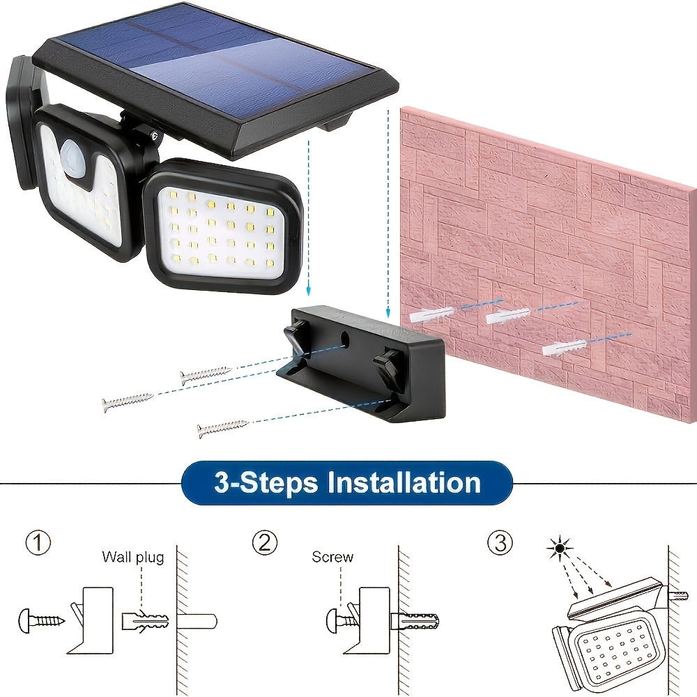 Three-Head Solar Motion Sensor Light with Listed 120 LEDs and 270-Degree Coverage, Outdoor Wall Floodlight in Single or Four-Pack Options for Yard and Garage