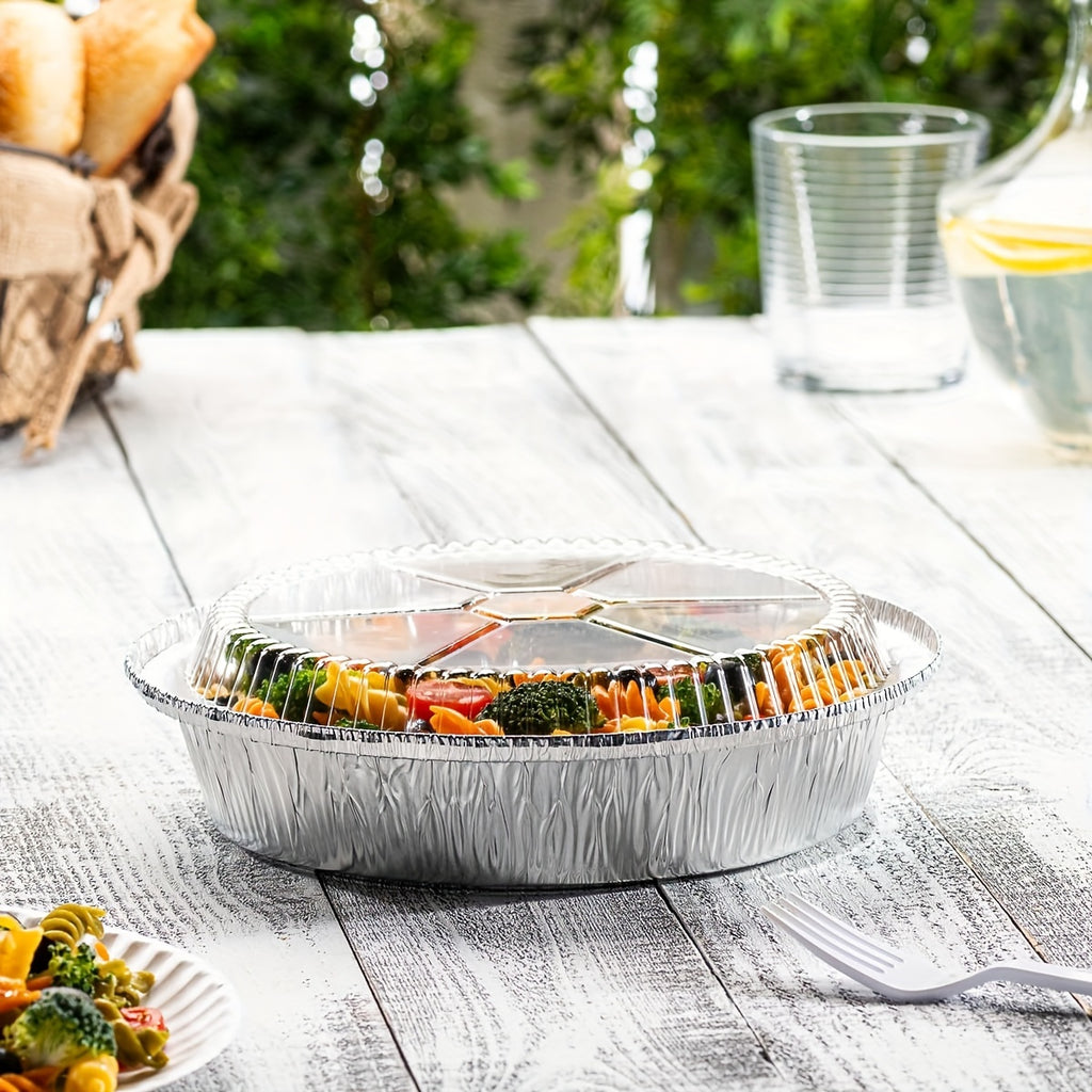 7-Inch Round Foil Baking Pans with Lids, Silvery Disposable Aluminum Set of 20 Bases and 20 Covers for Birthday Parties, Holiday Meals and Food Serving